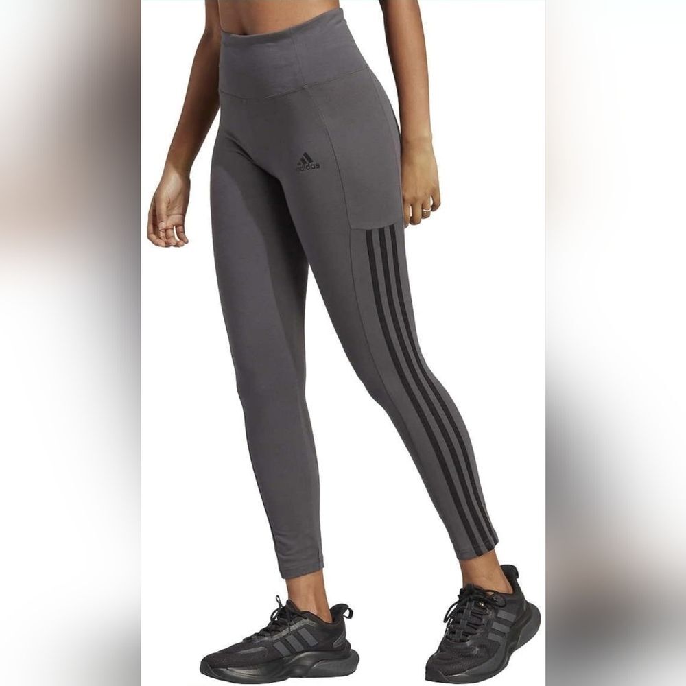 ADIDAS Women's High Rise 3-stripe 7/8 Cotton Tights HM2603 Grey Leggings Size S